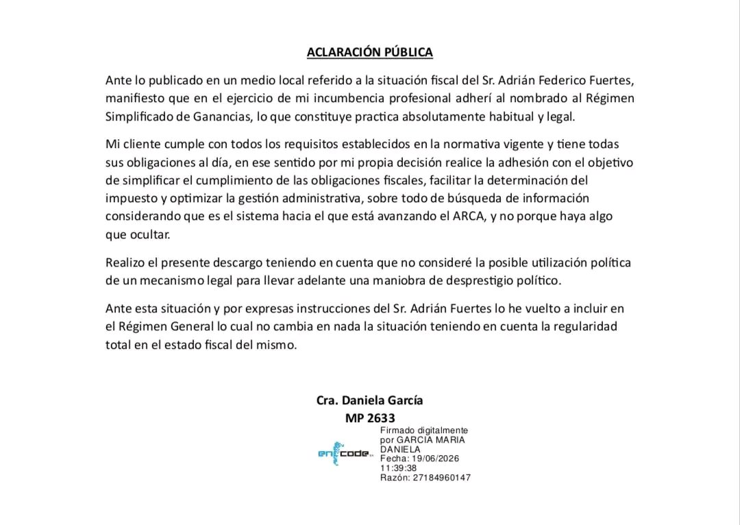 Fuertes admitió que fue incorporado al Régimen Simplificado de Ganancias y atribuyó la decisión a su contadora